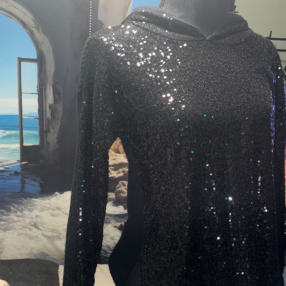 #520| NWT -INC International Concepts Black Sequin Jacket w/ hoodie